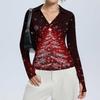 Damenmode Lässig Weihnachts-Print V-Ausschnitt Langarm Knopfleiste Oberteil