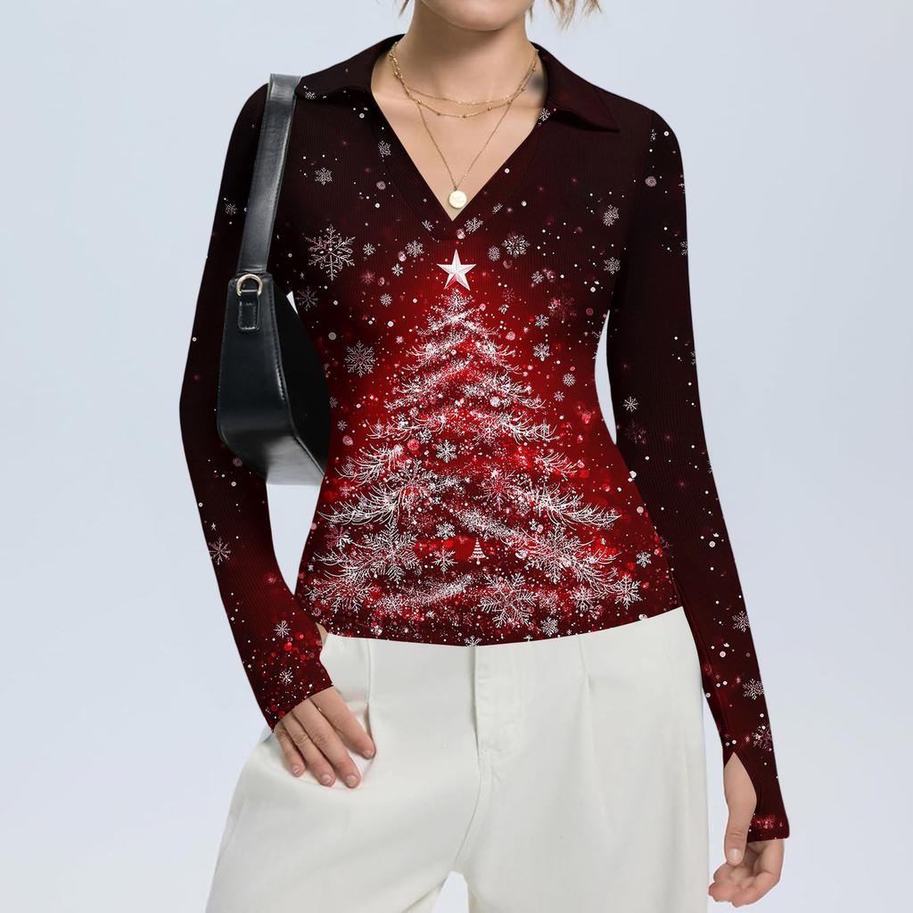 Damenmode Lässig Weihnachts-Print V-Ausschnitt Langarm Knopfleiste Oberteil