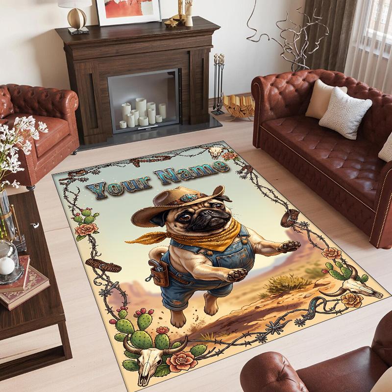 Pug Theme Crystal Velvet Floor Rug Personalized Custom Name Text Warm Carpet Home Decoration