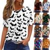 Women's Casual Short Sleeve Pullover Top Halloween Print Bat Pumpkin Ghost Spider Web Round Neck Shirt