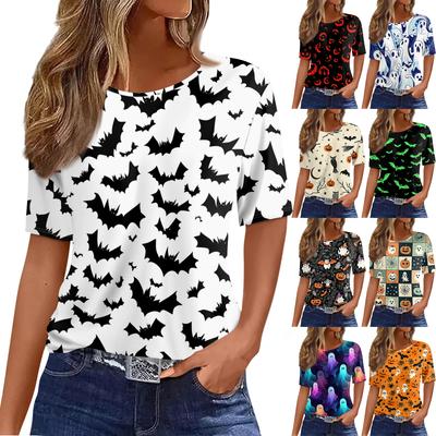 Women's Casual Short Sleeve Pullover Top Halloween Print Bat Pumpkin Ghost Spider Web Round Neck Shirt