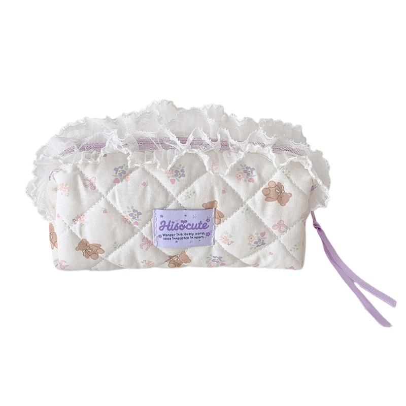 Quilted Pencil Pouch Bag Zippers Pen Case with Lace Trim, Stationeries Organizers for Students, Desk and School Bag Carry