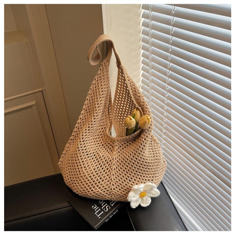Large capacity flower cotton thread hollow tote bag women's new seaside vacation beach woven shoulder bag