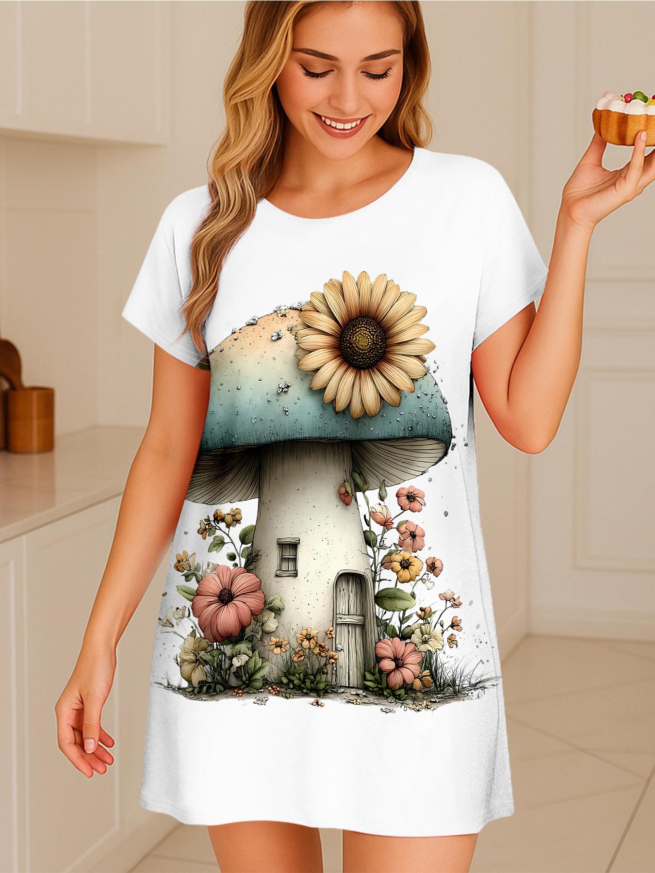 

New Short-Sleeve Nightgown Featuring a Mushroom Cottage And Sunflower Illustration. Women S Loose-Fitting Sleepwear. Lightweight Casual Home Attire 4XL дубильна кора