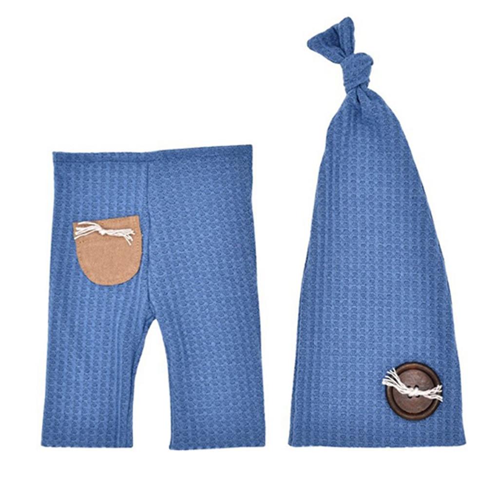 NewBorn Photo Outfit Blue Clothes Pants Tailed Hat Crochet Soft Breathable Wood Button Photo Props for Infant Toddlers