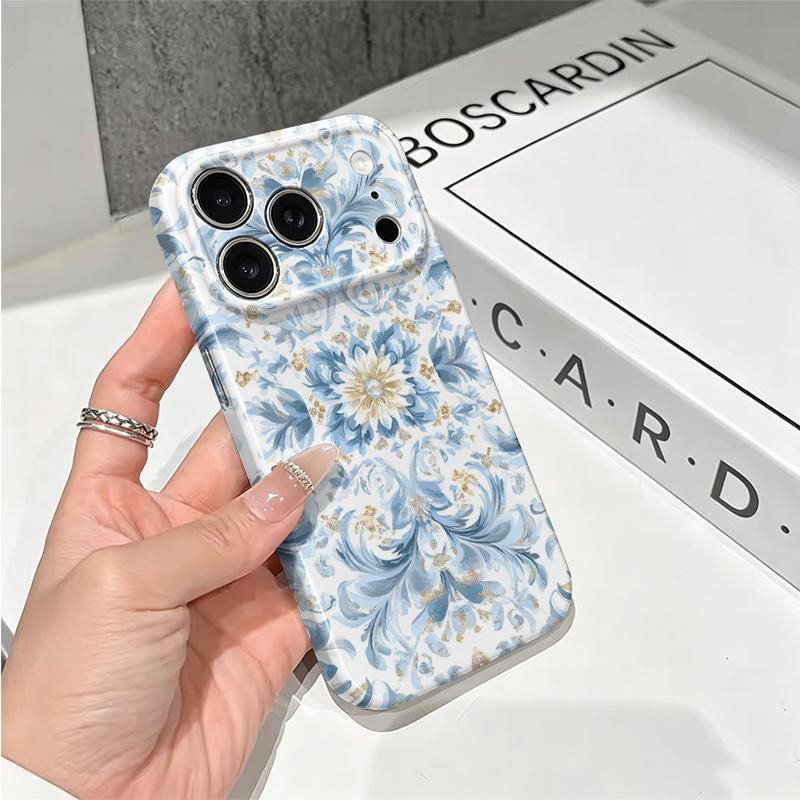 Refined Blue Gold Ornate Baroque Floral Pattern Graphic Art Film Aesthetic Protective Shockproof Bumper Case Cover For iPhone 13 14 15 16 Pro Max Plus