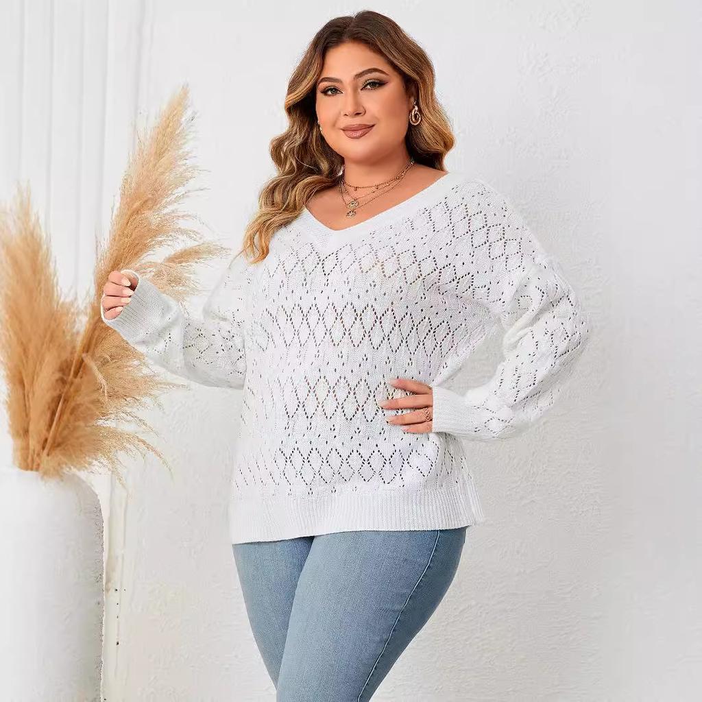 Fall Women's Round Neck Pullover Knit Sweater Plus Size Hollow Out V-Neck Tops