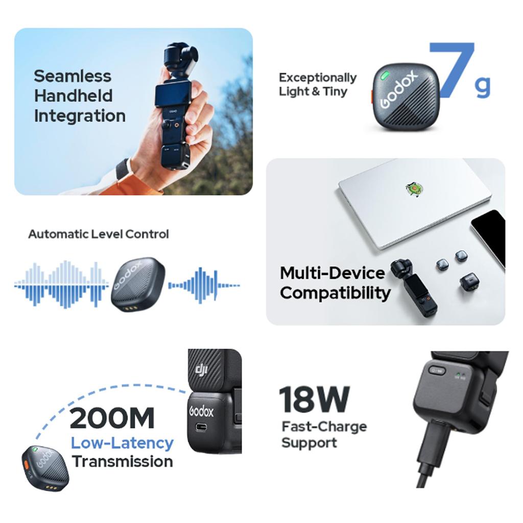 Godox Drahtloses Mikrofonsystem mit 200 m schneller, ideal für Live-Streaming und kompatibel mit DJI Osmo Pocket 3 Cube-OP3 Langstreckenübertragung,
