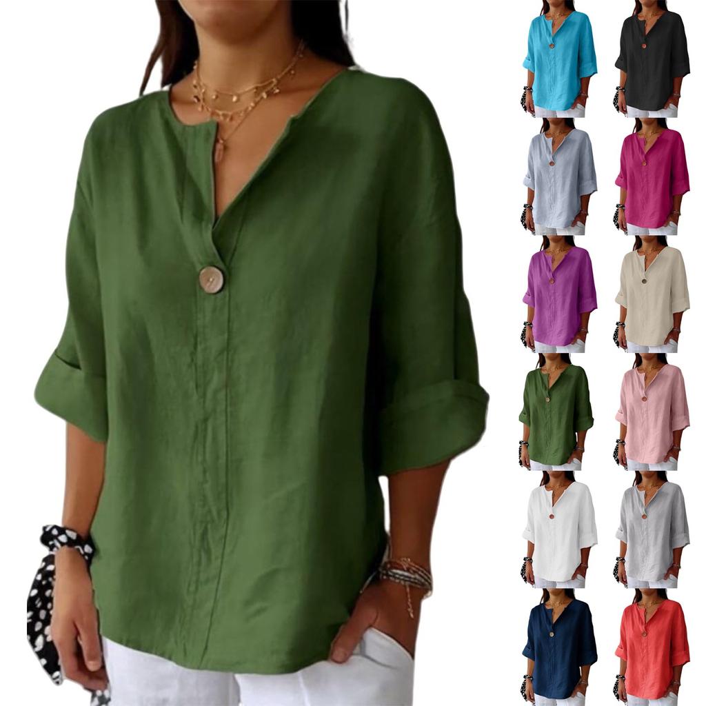 Women's Fashion Casual V-Neck Buttoned 3/4 Sleeve Cotton Linen Top