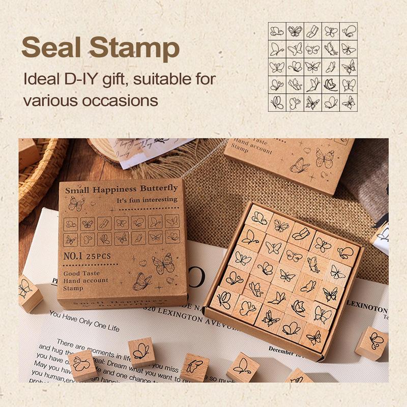 Stamp Set For Kids 25 Pieces Wood Butterfly Craft Stamps Vintage Stamp Making Kit With Box Decorative Make Your Own Art Stamps