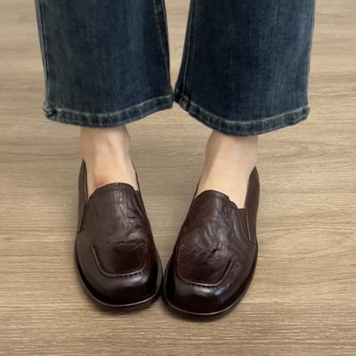 Giant Soft First Layer Cowhide Retro Loafers Women's 2025 Spring Single Shoes Genuine Leather Thick Heel One Pedal Small Leather Shoes Doudou Shoes