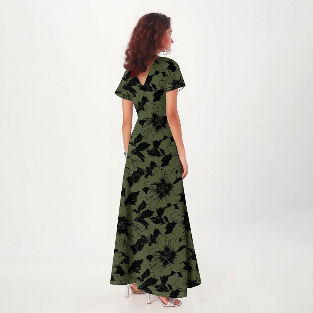 Lässiges Damenkleid mit V-Ausschnitt, kurzen Ärmeln und hoher Taille, Retro-Blumenblatt-Print