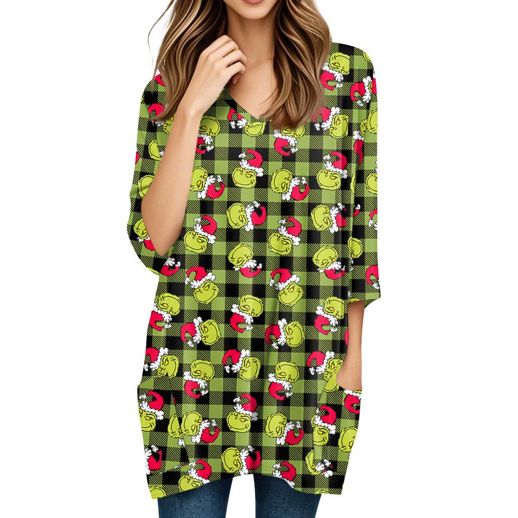 Dámské topy s výstřihem do V a 3/4 rukávem, ležérní halenky střední délky, módní tuniky s vánočním potiskem a kapsami