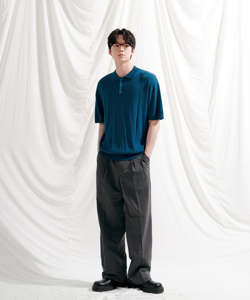 JEMUT Epic Like Linen Short Sleeve Collared Knit Blue Sokn2562