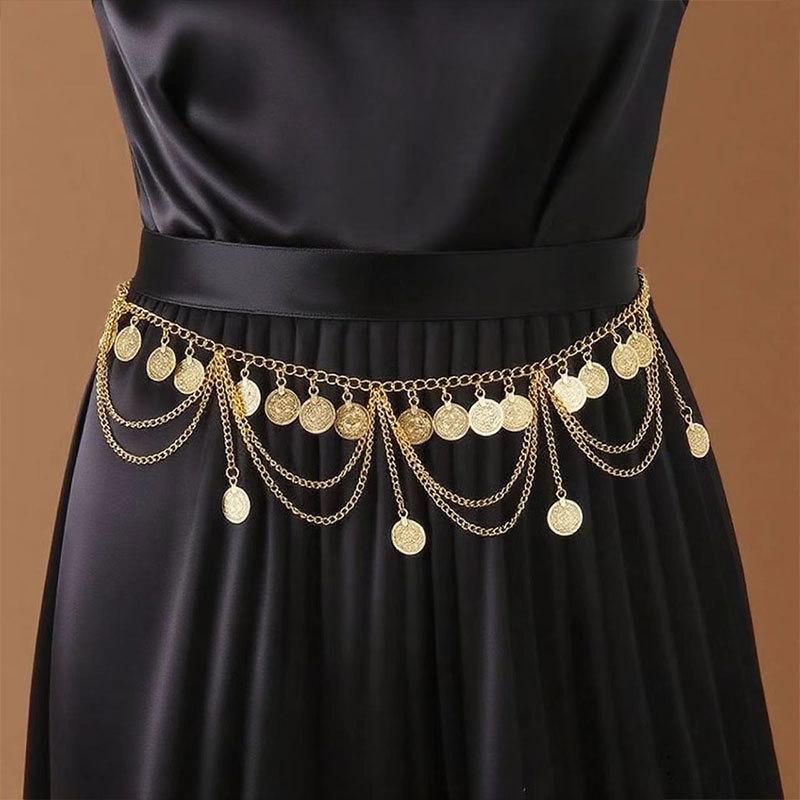 Ethnic Style Metal Retro Coin Waist Chain Women'S Adjustable Dress Waist Seal Love Butterfly Flower Fringed Belt