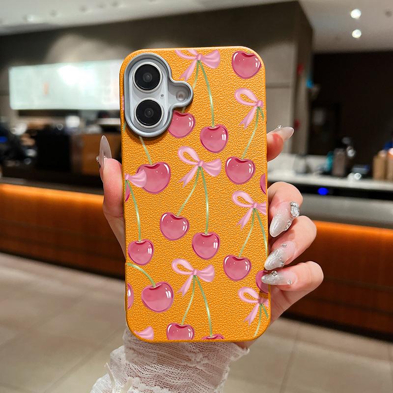 

Для iPhone 17 Pro Max Чохол Кристал Вишневі Фрукти Бантики Візерунок Шкіряна Текстура М який Силіконовий Чохол Для iPhone 16 15 14 13 Pro 12 11 16E Air iPhone 14 помаранчевий