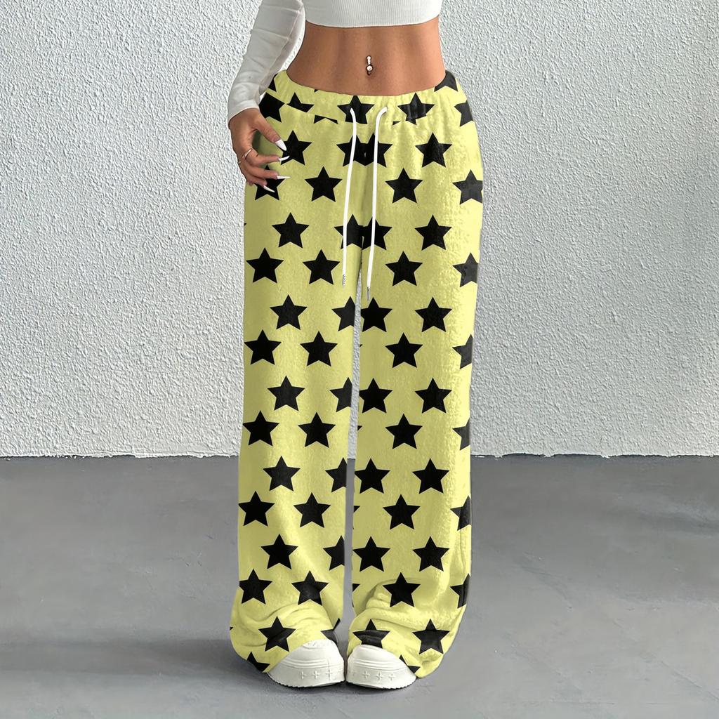 Women's Casual Fashion Printed Elastic Waist Loose Straight Leg Pants With Rope