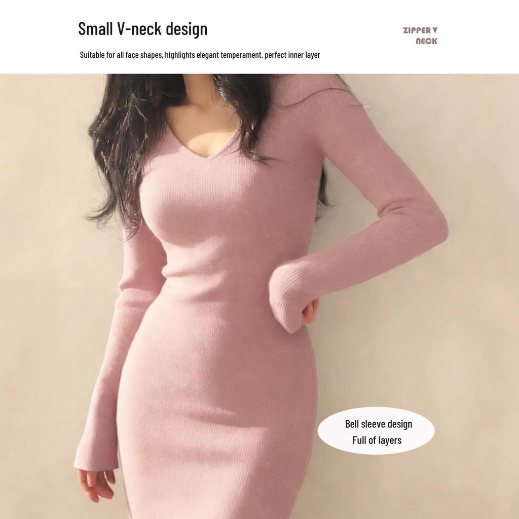 High-End Pink V-Neck Knit Dress: Women's Autumn/Winter Hip-Hugging Skirt, New Year Hot Girl Outfit.