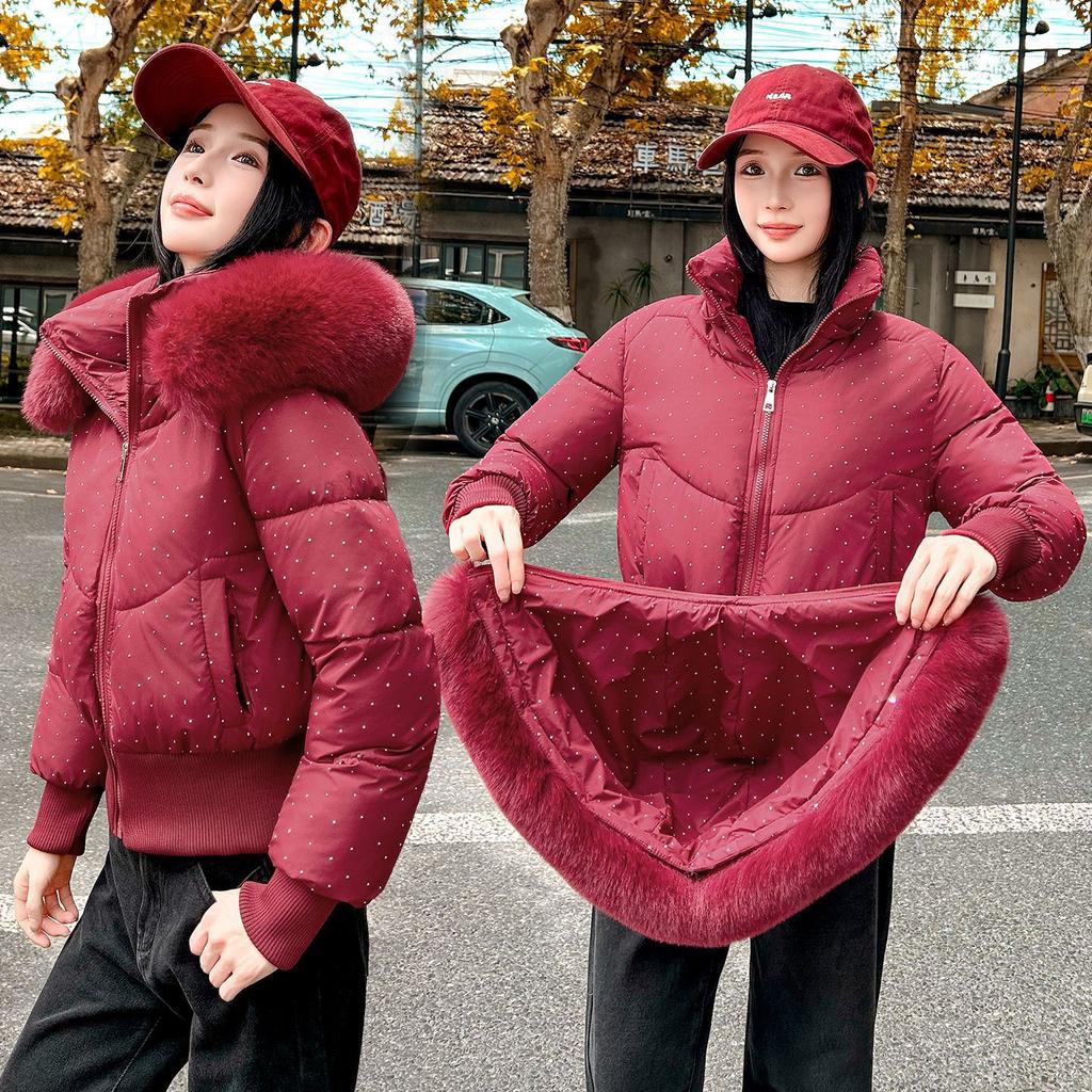 Gypsy Big Fur Collar Short Cotton-padded Clothes Women's Thickened Warm Waist Bread Clothes Jacket Removable Hat Cotton-padded Jacket