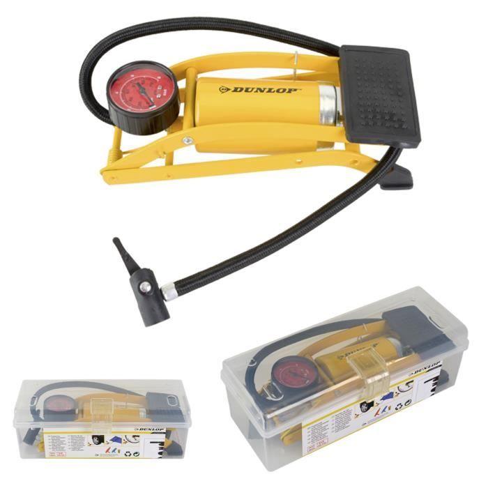 Pompe À Pied - Dunlop - Universelle - Manomètre - 4 Capuchons De Valve - Jaune Et Noir