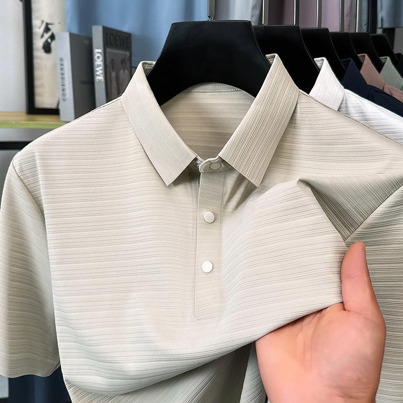 Featured Three-Dimensional Jacquard Fabric] Ice Silk Lapel Short-Sleeved Seamless Polo Shirt Men'S Solid Color T-Shirt Top