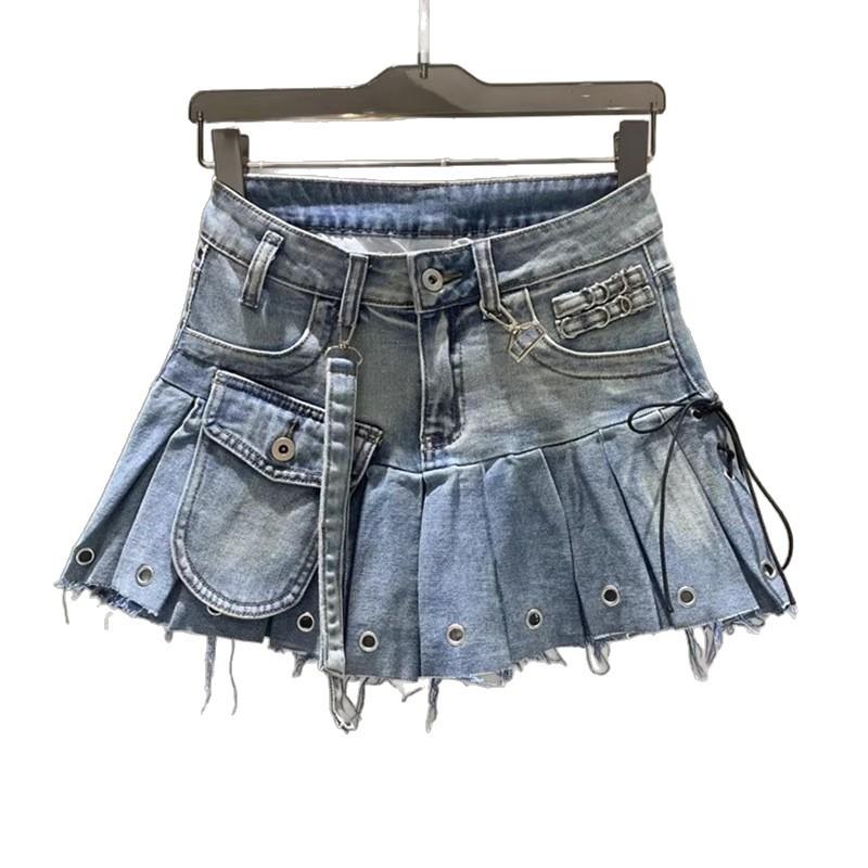 Personalized Spice Girl Skinny Tooling Denim Skirt Summer New Fashion Versatile Sweet Cool A-word Pleated Skirt