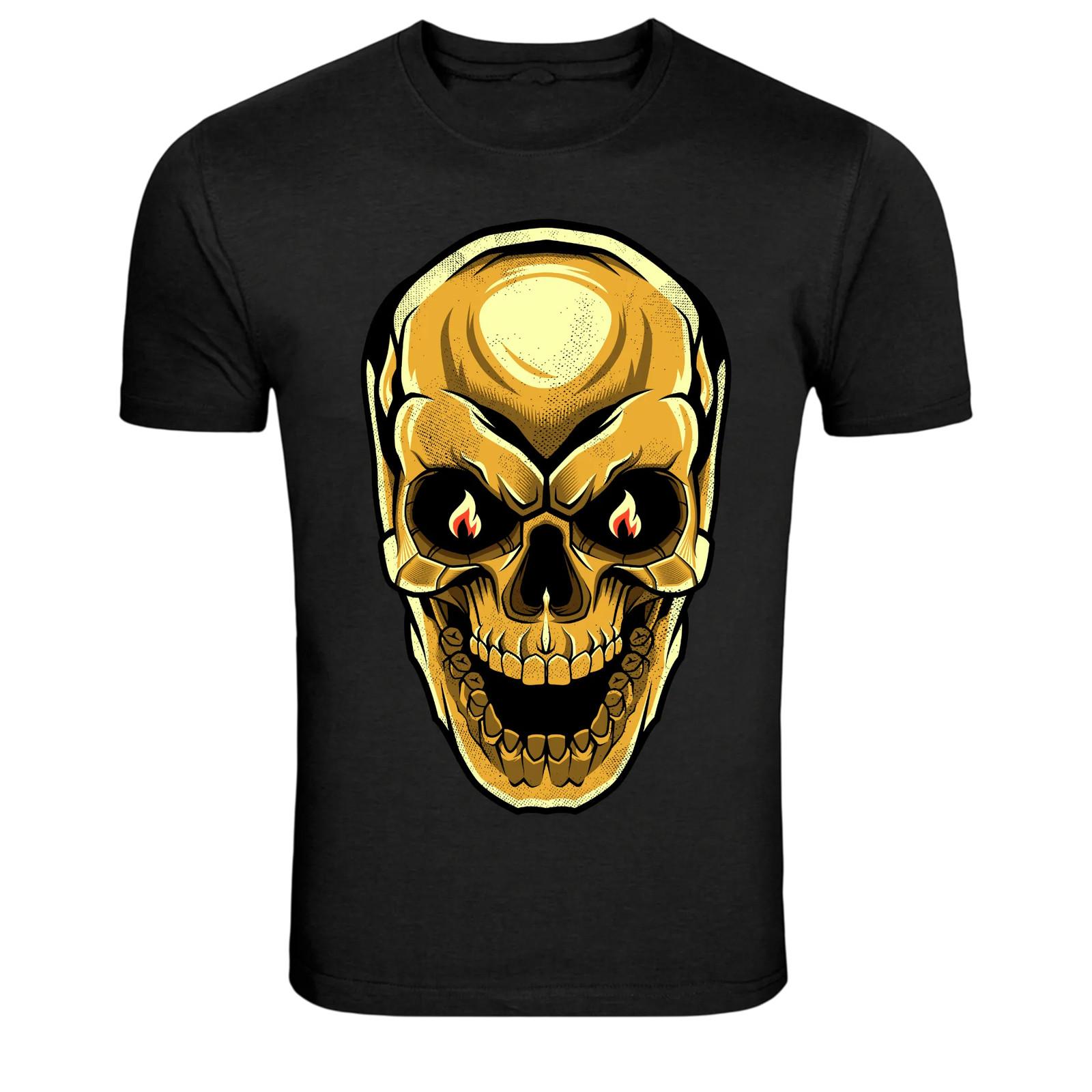 Golden Skull Fire Eyes Dark Horror Graphic T-Shirt S