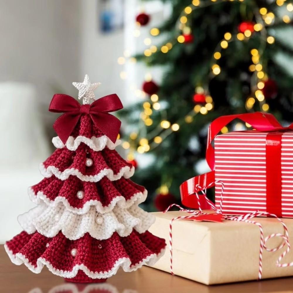 Handmade Crochet Christmas Tree Kit Festival with Bow Faux Pearl Christmas Party Crochet Decoration