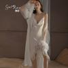 Sexy Split End Sweet Ruffle Edge Swing Collar Temptation Suspender Nightdress Robe Women's Home Suit