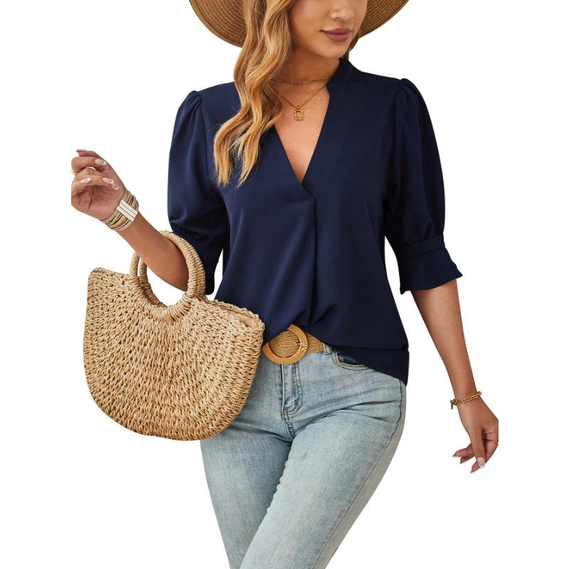 Sommer Damen T-Shirt Einfarbig V-Ausschnitt Halbarm Bequem Atmungsaktiv Lässiges Oberteil