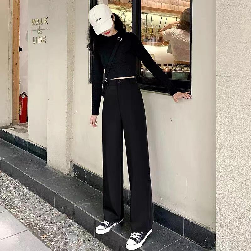 Women's Black High-Waisted Wide-Leg Pants - Spring & Autumn Casual Loose Fit