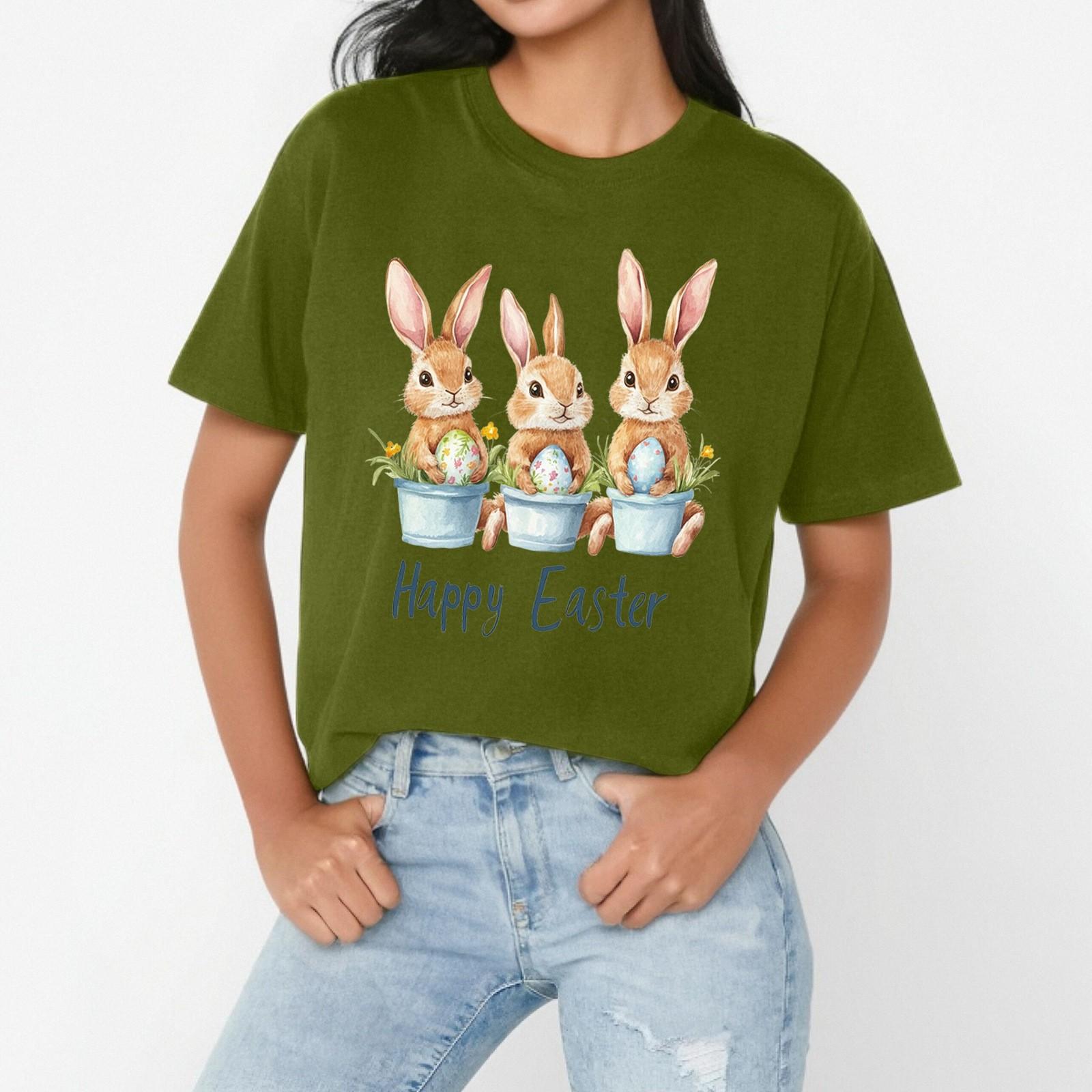 

Happy Easer Женская повседневная свободная футболка с пасхальным принтом, круглый вырез, пуловер, короткий рукав, топ L армия зеленый