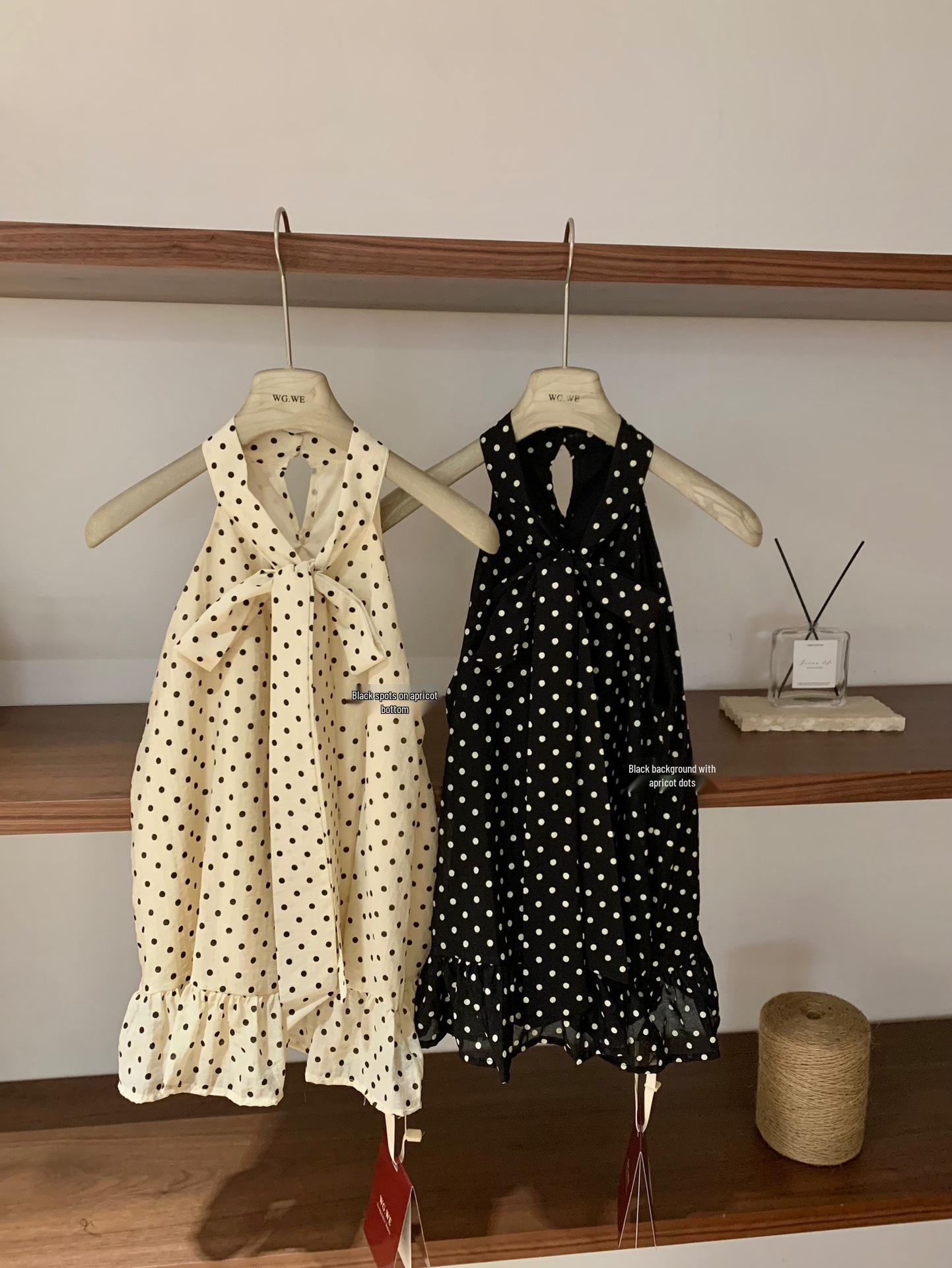 Spring/Summer Polka Dot Halter Camisole - Korean Style Ruffle Tie Bow Spaghetti Strap Top Small