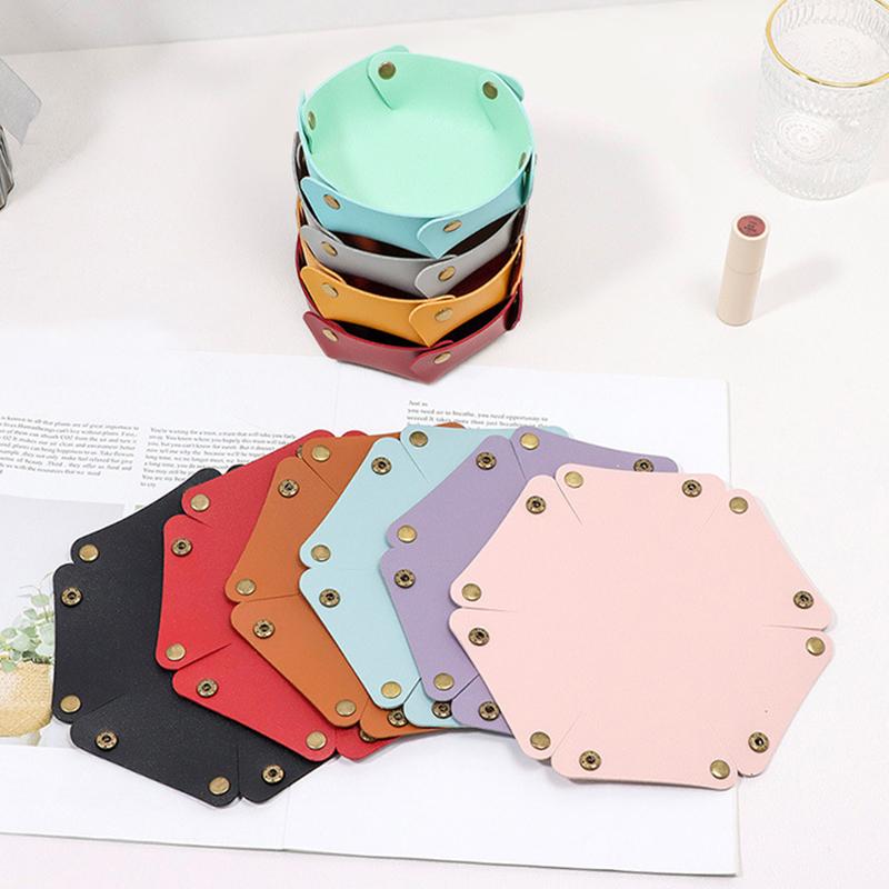 1PC Foldable Round PU Leather Tray Desktop Organizer for Jewelry Cosmetics Keys Multi-purpose Storage Box for Home Office