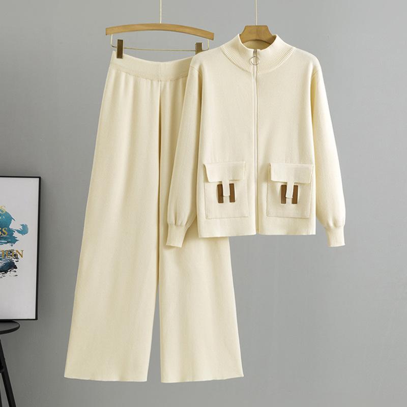 French Zipper Fashion Suit Women's Clothing 2025 Autumn and Winter New Knitted Cardigan Wide-leg Pants Two-piece Trendy