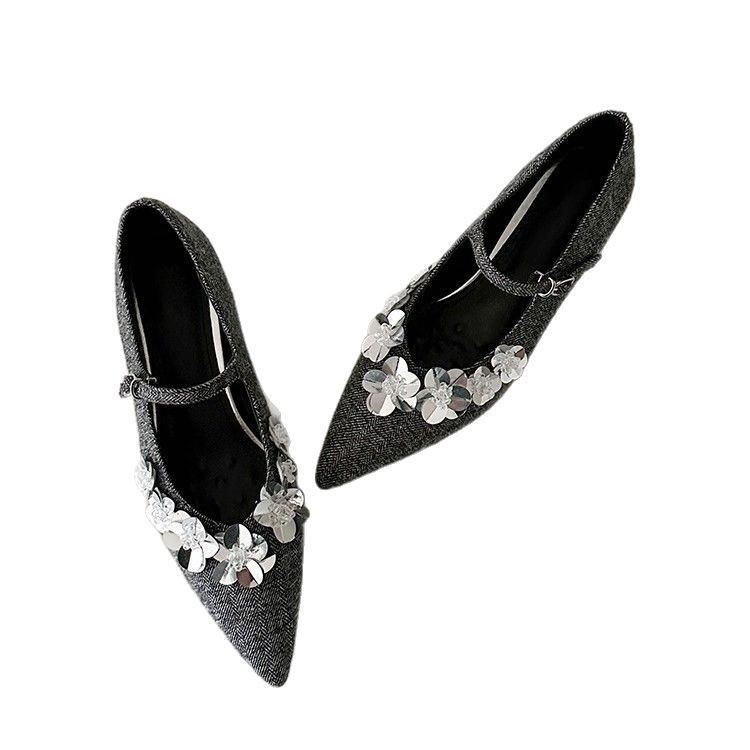 Fashion Sequin Flower Designer Shoes Women Pointed Toe Shallow Footwear Ladies Comfort Fashion Brand Elegant Mary Jane Shoes Women