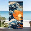 Japanese Illustration Style Ocean Wave Sunset Print Beach Towel Quick Dry Sand-Free Absorbent Beach Blanket for Summer Vacation
