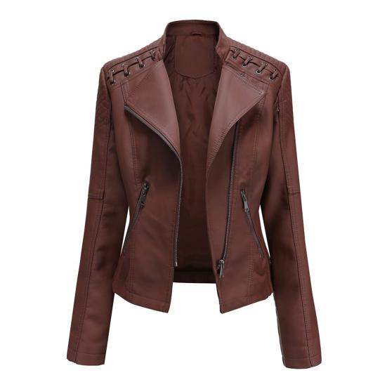 Women Autumn Winter Faux Leather Jacket Zipper Stand Collar Motorcycle Slim Coat