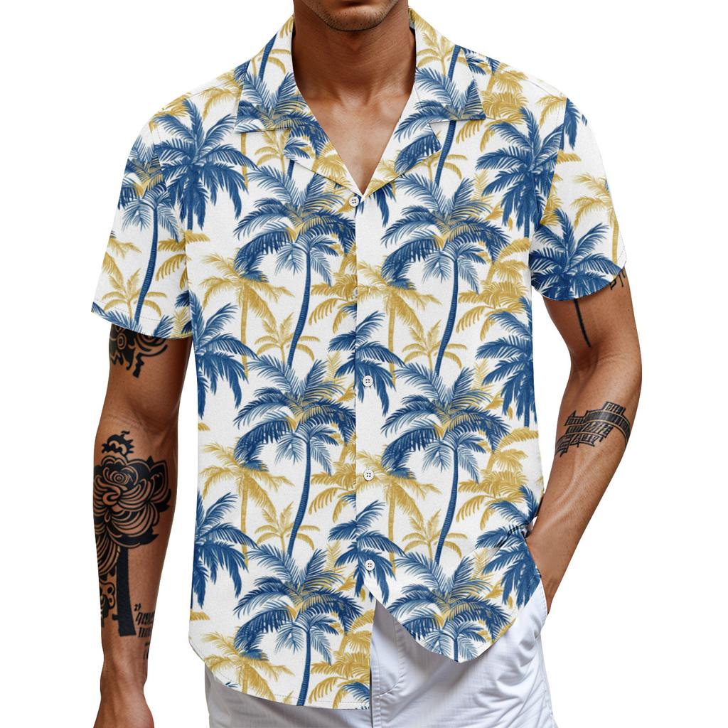 Men's Vintage Button Down Bowling Shirts Short Sleeve Summer Beach Shirt