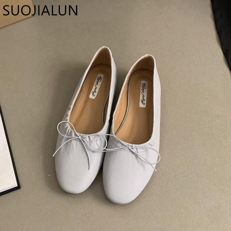 Mode SUOJIALUN 2024 Printemps Nouveauté Femmes Mocassins Mode Plats Bout Rond Nœud Coulissant Ballerines Chaussures Souples Plates Dames Décontracté Robe Ballet Sh