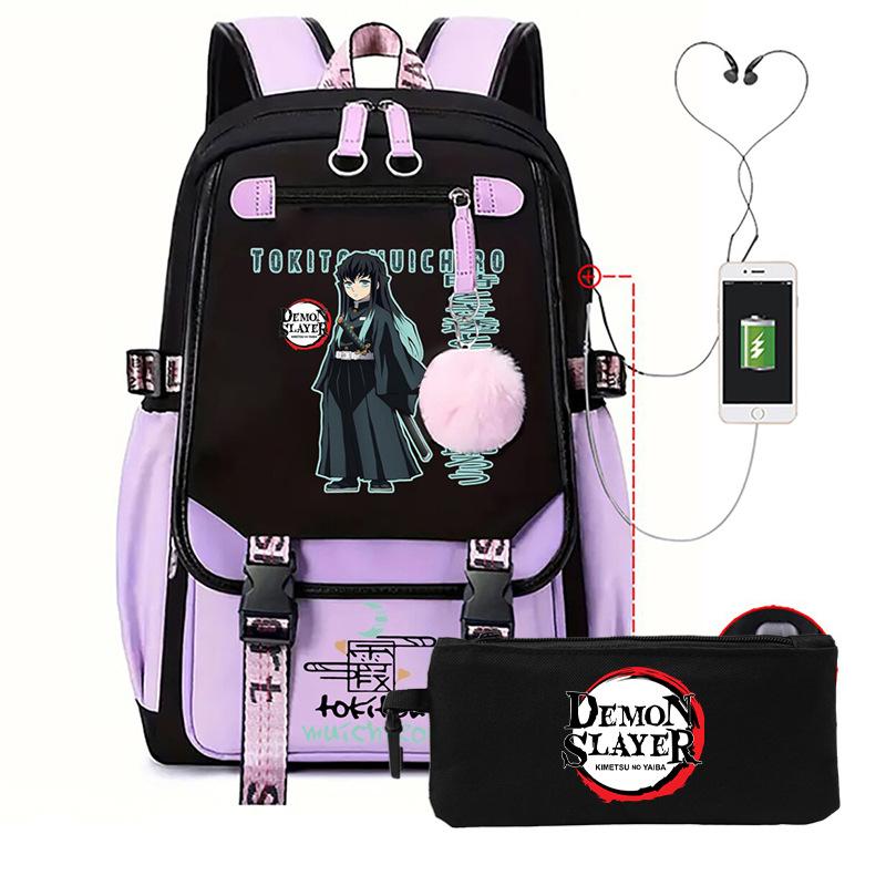 Casual Korean version schoolbag ghost extermination animation two-dimensional trend boys and girls USB backpack two-piece set