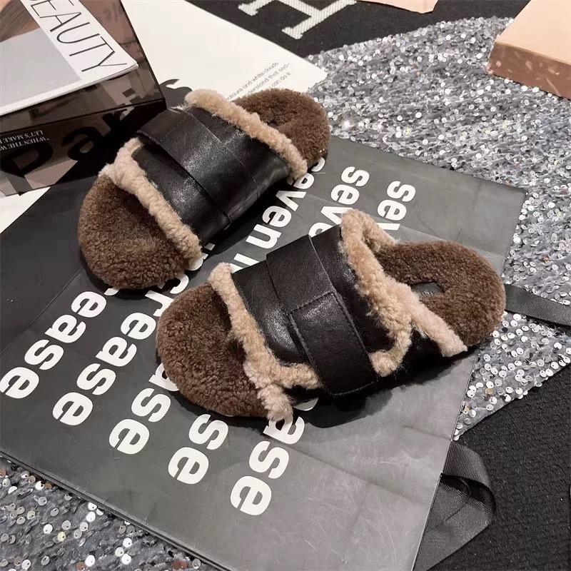 

Wool version~ autumn and winter wool shoes women s niche lamb wool high-end thick-soled outer wear retro belt buckle cotton slippers 40