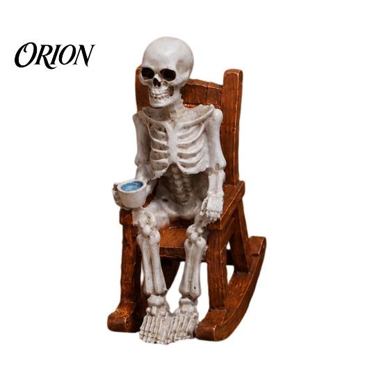 Durable Resin Skeleton Ornament Halloween Figurine, Sitting On Rocking Chair Statue, Drinking Hand Carved Coffee Crocheting Reading Tabletop
