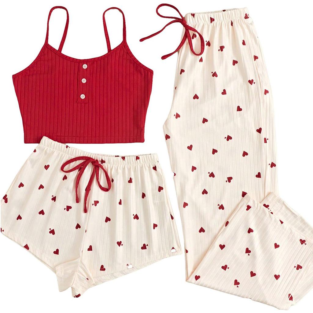 Women's Love Pajamas Sweet And Cute 3-Piece Set With High Quality Strap Shorts Set