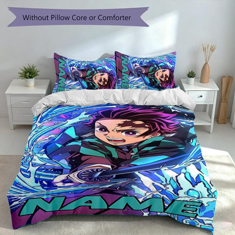 3pcs Custom Name Demon Slayer Tanjiro Set,Includes 1 Duvet Cover and 2 Pillowcases,All-season Bedroom Decor