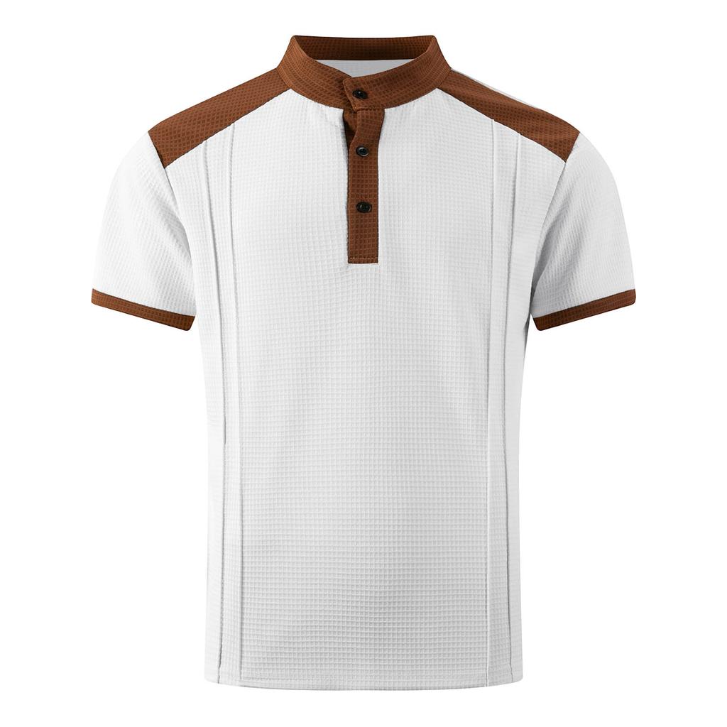 Men's Color Blocked Stand Up Collar Single Breasted Shirt Men's Casual And Comfortable Short Sleeved Shirt