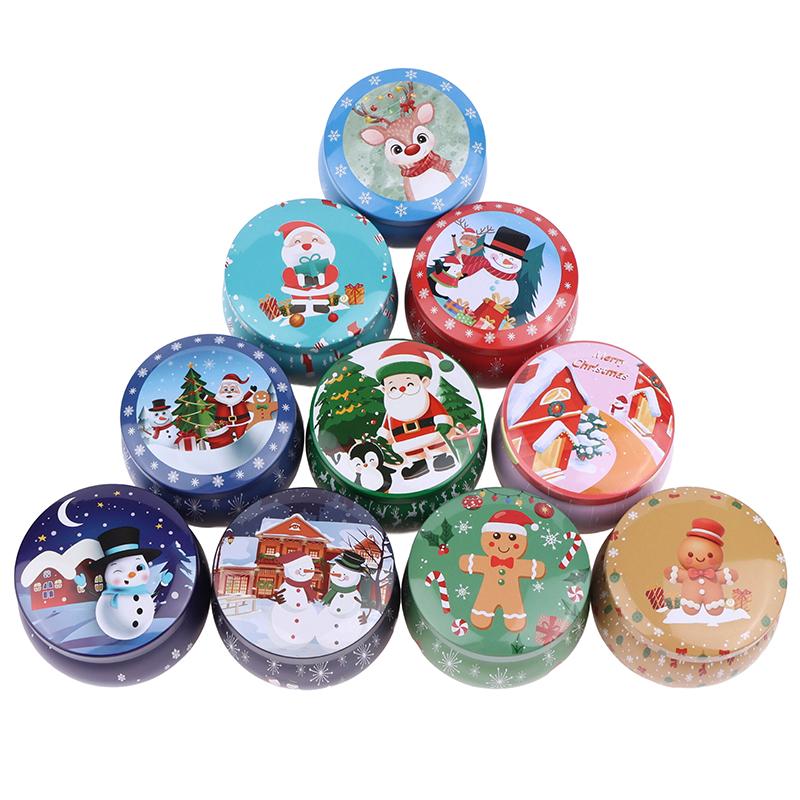 1 ks Vánoční plechová kulatá plechovka na bonbony, plechovka na svíčky s víčkem, nádoba na svíčky, prázdná krabička, úložný box na sušenky a bonbony, dárková krabička