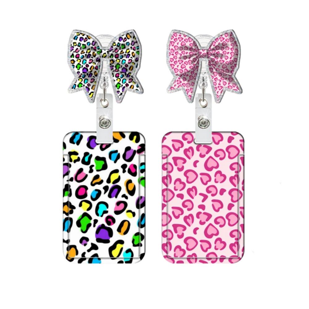 Leopard Print Lanyard Card Holder Retractable Badge Reel Heart Rainbow ID Badge Holder Bow Knot Badge Reel for Teacher Nurse