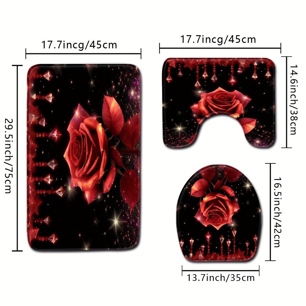 Crystal Red Rose Bathroom Floor Mat Set 3pcs Non-Slip Absorbent Toilet Lid Cover U-Shaped Rug and Decorative Bath Mat