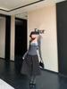 Korean Style Striped Spliced Two-Piece: Women's Winter Cotton T-Shirt & Black Woollen Midi Skirt Set